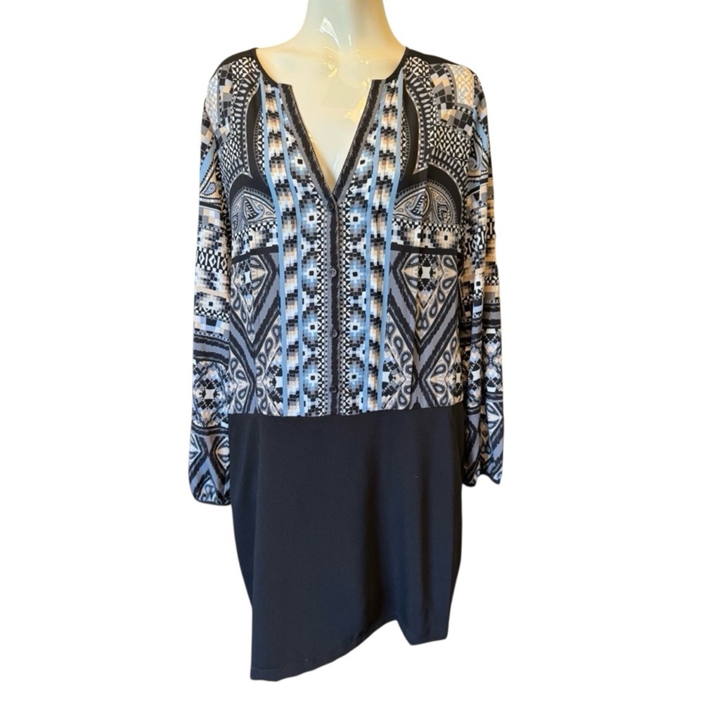 Hale Bob Black White Blue Tan Design Long Sleeve Pullover Dress Sz L Knee Length
